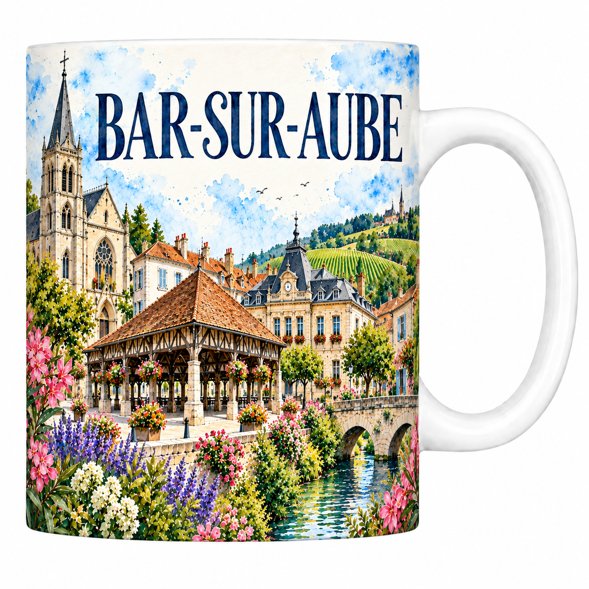 Mug céramique 330 ml Bar-sur-Aube : la halle de charpente, l'église et les coteaux de vigne en aquarelle