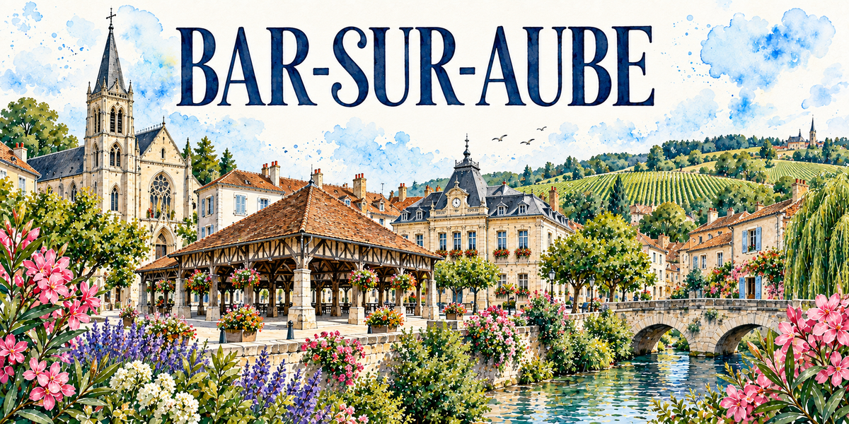 Bar-sur-Aube en aquarelle : l'église gothique à gauche avec sa haute flèche d'ardoise et ses contreforts, la halle de charpente de bois sur ses piliers de pierre sous son toit de tuiles au centre, l'hôtel de ville classique à toits d'ardoise mansardés et campanile à horloge, les maisons aux toits de tuiles, le pont de pierre à arches sur l'Aube à droite, un saule pleureur, les coteaux de vigne et la chapelle sur la colline au fond, lauriers-roses et lavandes au premier plan