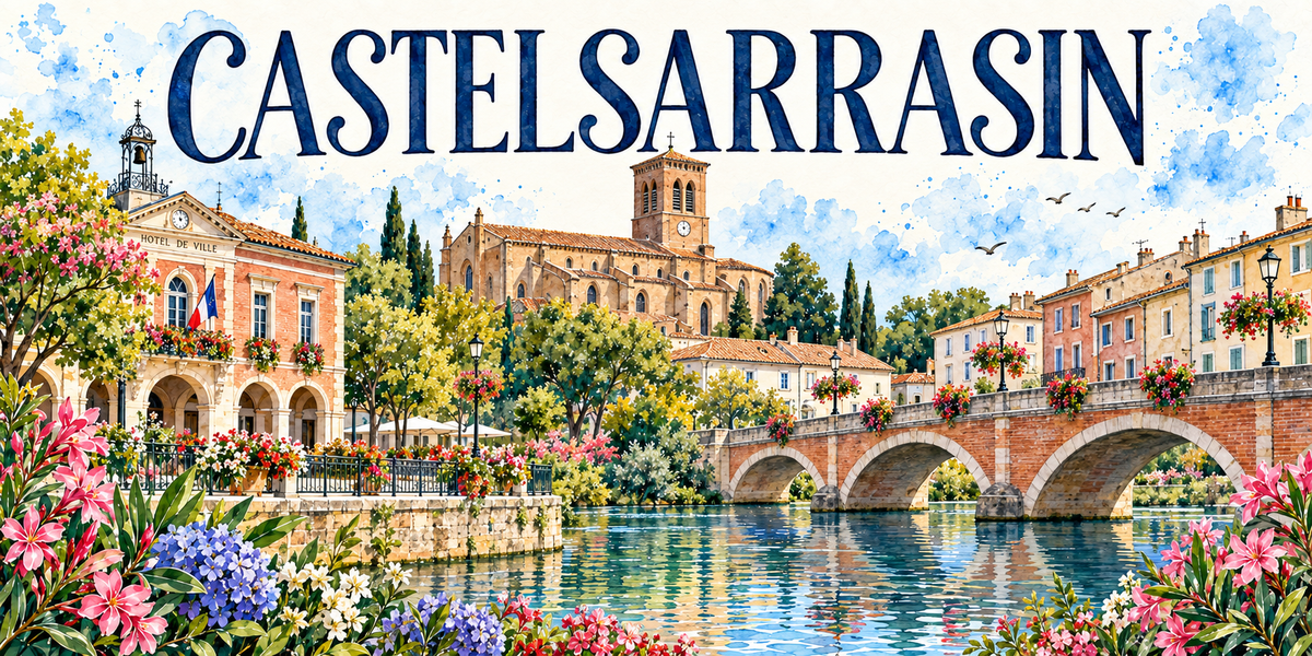 Castelsarrasin en aquarelle : l'hôtel de ville de brique rose et pierre à gauche, ses arcades, son campanile de fer forgé, son drapeau français et la mention Hôtel de Ville gravée sur le fronton, l'église de brique et pierre au centre avec son clocher-tour carré à horloge, le pont de brique rouge à arches à droite, les maisons aux façades roses et ocre sous leurs toits de tuiles romaines, les cyprès et les platanes, l'eau et ses reflets, lauriers-roses et hortensias bleus au premier plan