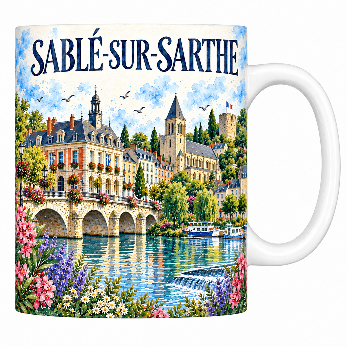 Mug céramique 330 ml Sablé-sur-Sarthe : l'hôtel de ville, le pont sur la Sarthe et le donjon en aquarelle