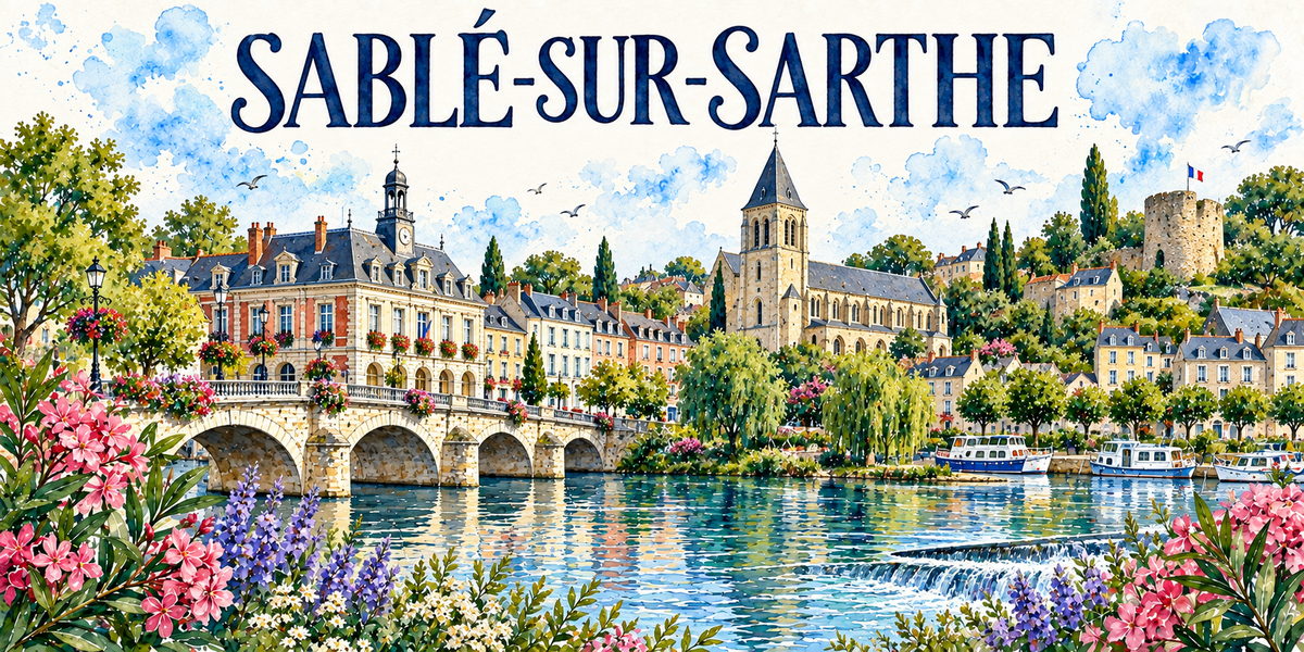 Sablé-sur-Sarthe en aquarelle : l'hôtel de ville de pierre claire et brique à gauche sous ses toits d'ardoise mansardés, son campanile à horloge et ses balcons fleuris, le pont de pierre à arches franchissant la Sarthe, la grande église de pierre blonde au centre avec son clocher-tour et sa flèche d'ardoise, un gros donjon rond surmonté d'un drapeau sur la hauteur à droite, les bateaux de plaisance amarrés au quai, un seuil d'eau vive, les saules, lauriers-roses et lavandes au premier plan