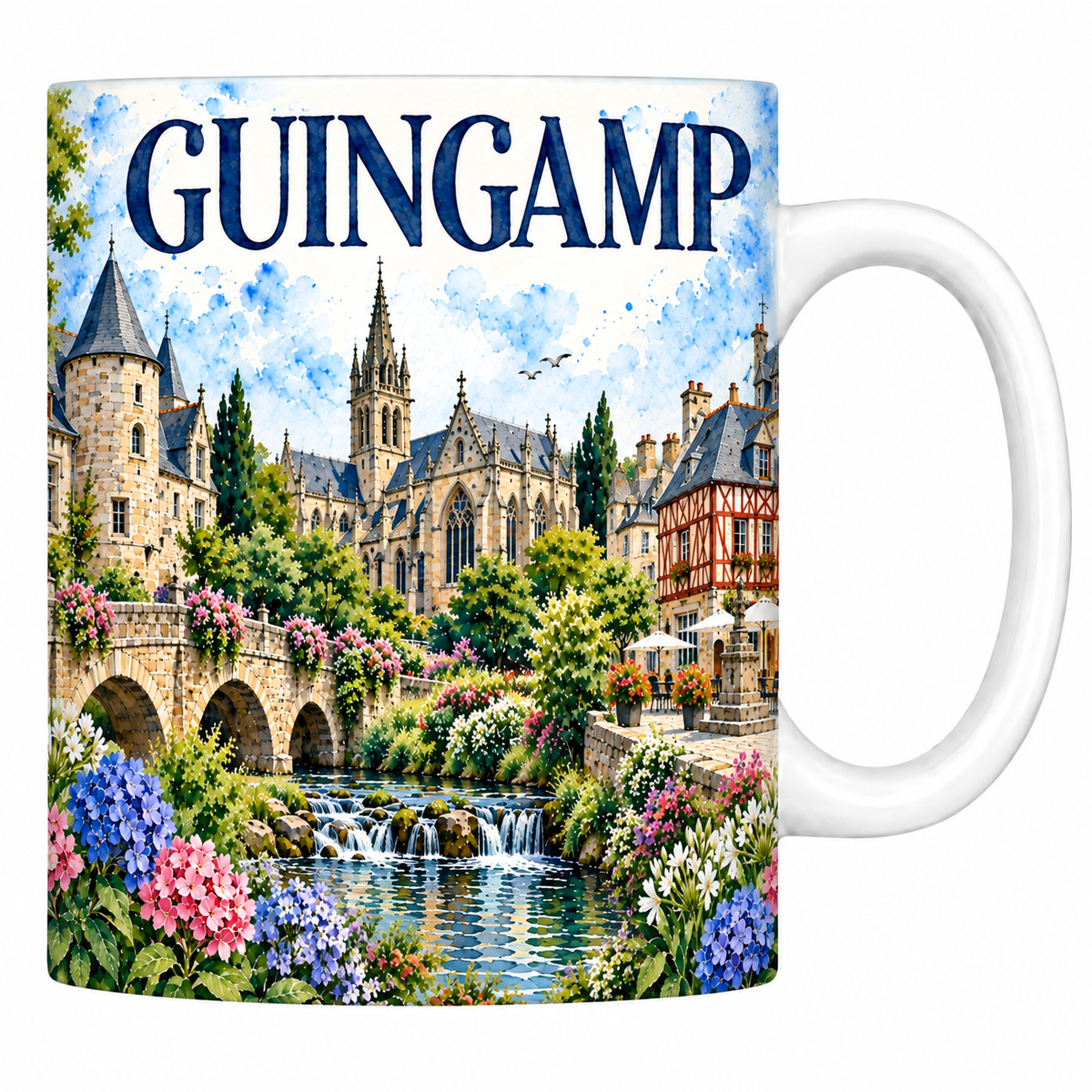 Mug céramique 330 ml Guingamp : la tour du château, la basilique et la fontaine de la place en aquarelle