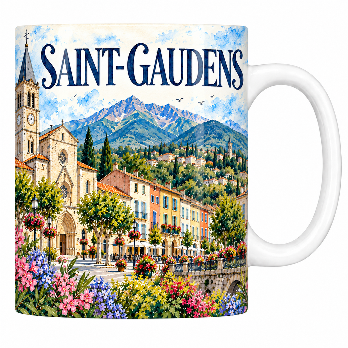 Mug céramique 330 ml Saint-Gaudens : la collégiale, les façades colorées et les Pyrénées en aquarelle