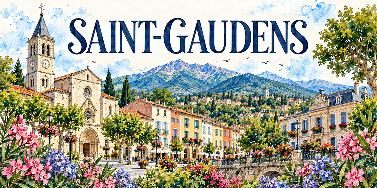 Saint-Gaudens en aquarelle : la collégiale de pierre claire à gauche avec son clocher-tour à baies géminées et flèche d'ardoise, ses rosaces et son portail à voussures, les maisons jaunes, roses et bleues aux arcades et aux terrasses sous parasols, l'hôtel de ville classique à campanile et horloge à droite, la balustrade de fer forgé de la terrasse qui domine la vallée, les platanes, les coteaux boisés et les sommets des Pyrénées au fond, lauriers-roses et agapanthes bleues au premier plan