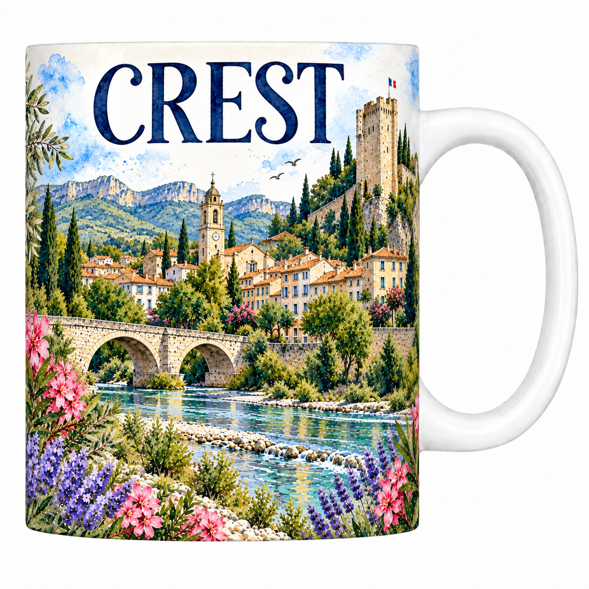 Mug céramique 330 ml Crest : la tour médiévale sur son rocher, le pont sur la Drôme et les toits de tuiles en aquarelle