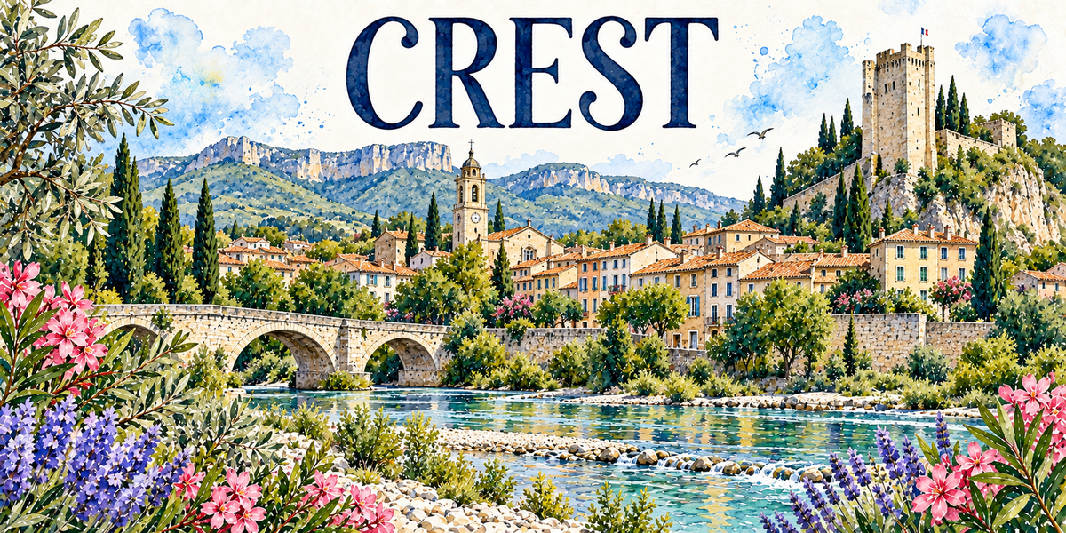 Crest en aquarelle : la haute tour médiévale de pierre dorée dressée sur son rocher à droite, couronnée de créneaux et surmontée d'un drapeau, les barres rocheuses des Préalpes drômoises au fond, le village étagé aux toits de tuiles romanes, le clocher à horloge au centre, le pont de pierre à arches franchissant la Drôme, la rivière claire et son seuil de galets, les cyprès dressés, les oliviers, lavandes et lauriers-roses au premier plan