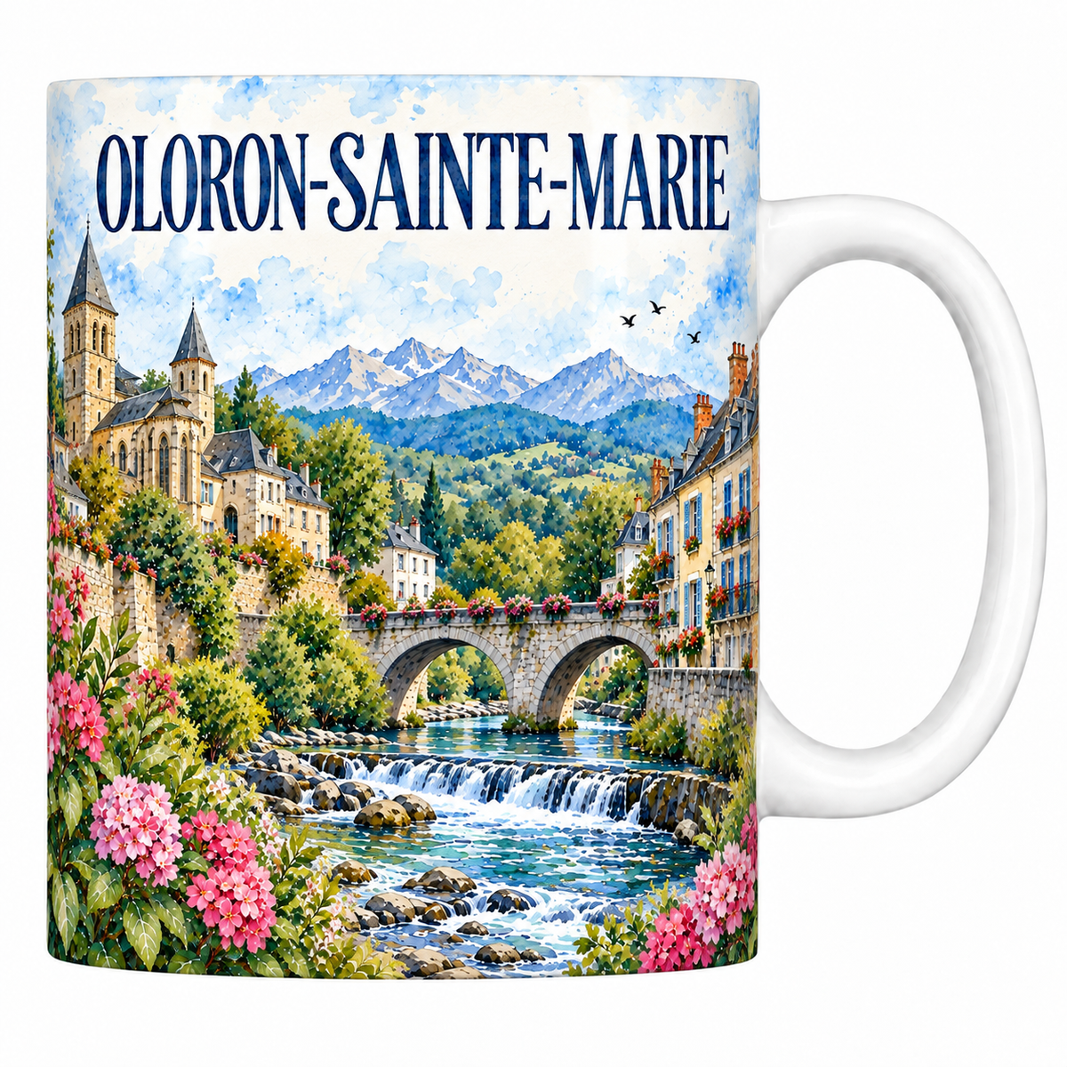 Mug céramique 330 ml Oloron-Sainte-Marie : l'église, le pont fleuri sur le gave et les Pyrénées en aquarelle