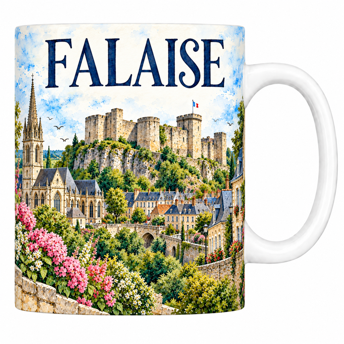 Mug céramique 330 ml Falaise : le château sur son éperon rocheux, l'église et les toits d'ardoise en aquarelle