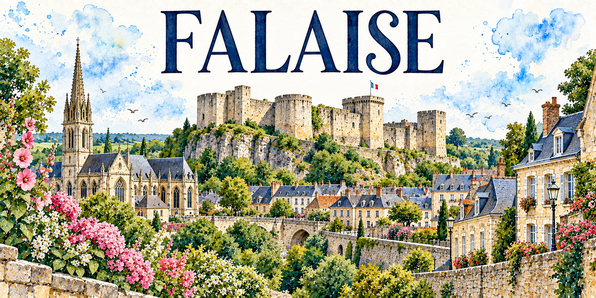 Falaise en aquarelle : le château fort de pierre claire dressé sur son éperon rocheux au centre, son grand donjon rectangulaire, sa tour ronde et ses courtines crénelées surmontées du drapeau tricolore, la haute flèche d'ardoise d'une église gothique à gauche au-dessus des contreforts, les maisons normandes aux toits d'ardoise et lucarnes étagées sous le rocher, un mur d'enceinte en contrebas, le bocage au loin, roses trémières roses et massifs blancs au premier plan