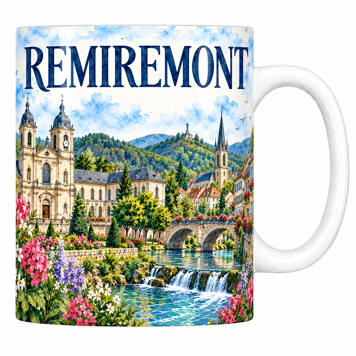 Mug céramique 330 ml Remiremont : l'église aux clochers à bulbes, le palais abbatial et les Vosges en aquarelle