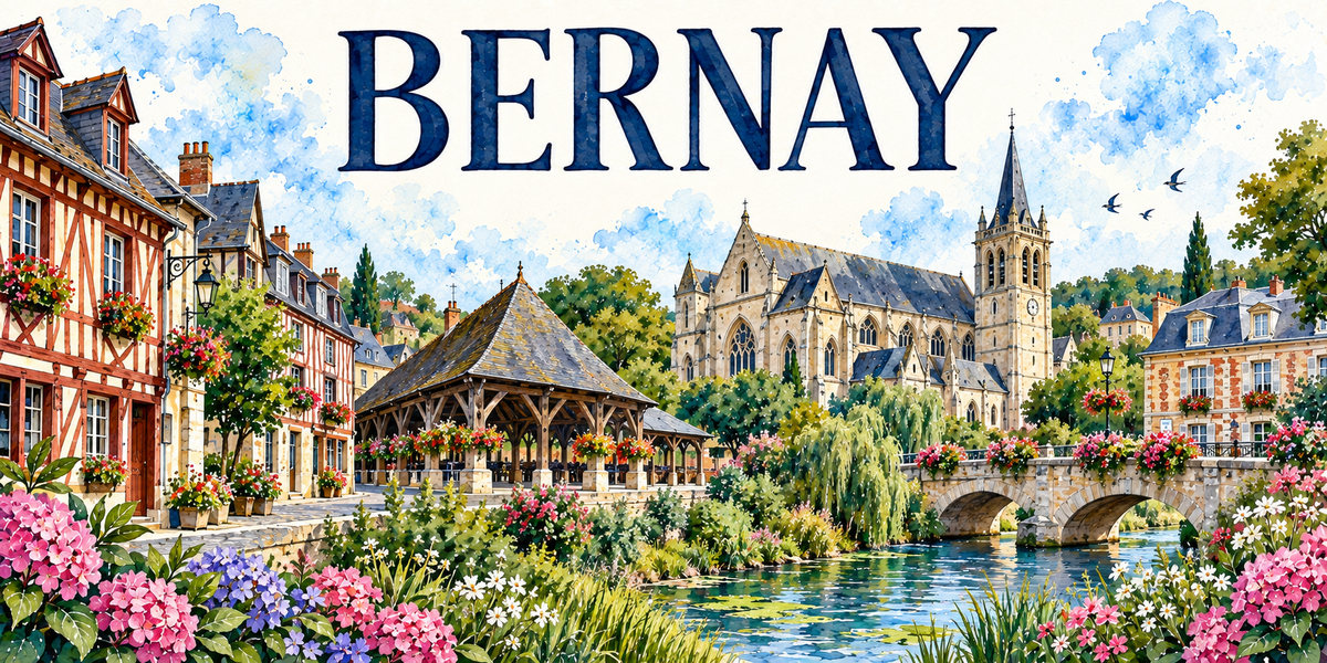 Bernay en aquarelle : les maisons normandes à pans de bois rouge et ocre à gauche sous leurs toits d'ardoise et leurs fenêtres fleuries, une halle de bois à charpente apparente et toit d'ardoise au centre, la grande église gothique de pierre blonde avec ses contreforts, son clocher-tour à horloge et sa haute flèche d'ardoise, un pont de pierre à arches fleuri franchissant la Charentonne, les saules pleureurs penchés sur l'eau, des martinets en vol, hortensias roses et bleus au premier plan
