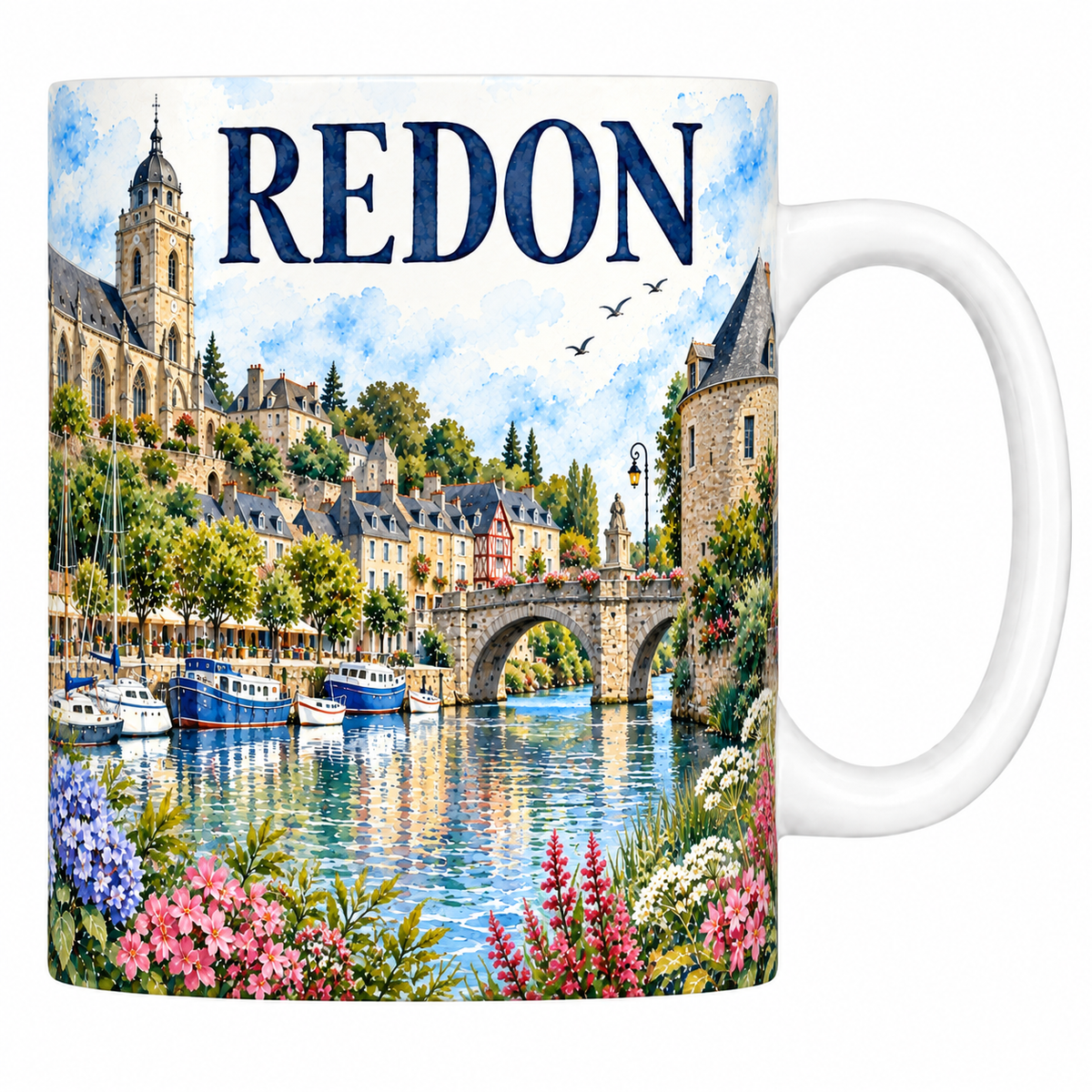 Mug céramique 330 ml Redon : l'abbatiale Saint-Sauveur, le port et ses bateaux amarrés en aquarelle