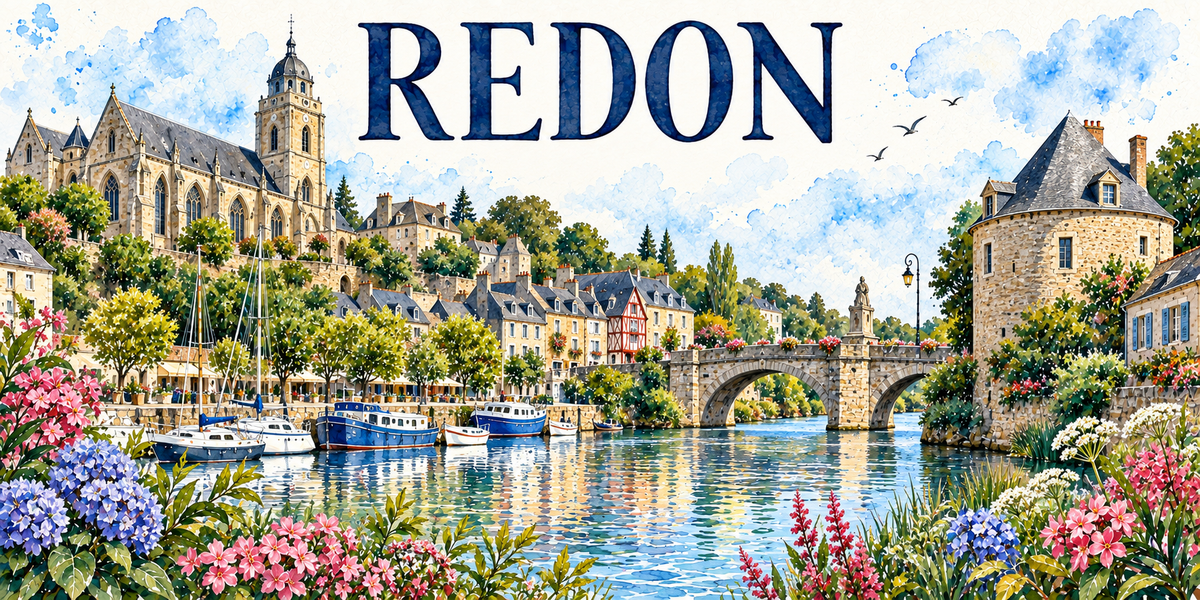 Redon en aquarelle : la grande église gothique de pierre blonde à gauche avec ses contreforts, sa tour romane carrée coiffée d'un lanternon à dôme et d'une horloge, les maisons bretonnes aux toits d'ardoise et une maison à colombages rouge, le port et ses bateaux amarrés le long du quai planté d'arbres, un pont de pierre à arche portant une statue sur son socle, une grosse tour ronde coiffée d'un toit conique d'ardoise à droite, hortensias bleus et lauriers-roses au premier plan