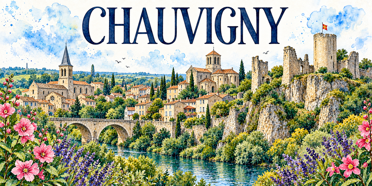 Chauvigny en aquarelle : un donjon rond de pierre claire couronné de créneaux et portant un étendard rouge et or, dressé à droite sur un promontoire rocheux calcaire au milieu de ruines de courtines, la collégiale romane au centre avec son clocher-tour carré et son chevet à absidioles couvertes de tuiles, une autre église à flèche d'ardoise à gauche, la ville basse aux maisons de pierre claire et toits de tuiles, un pont de pierre à arches sur la Vienne, le plateau boisé au fond