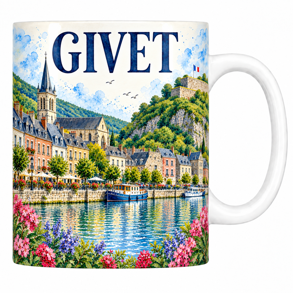 Mug céramique 330 ml Givet : le fort sur son rocher, le quai de la Meuse et les maisons mosanes en aquarelle
