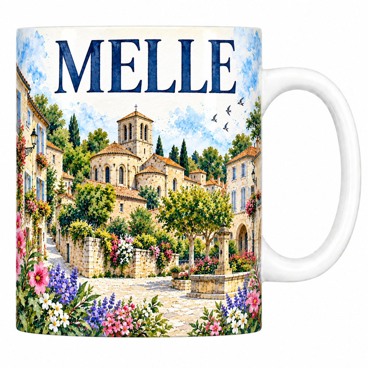 Mug céramique 330 ml Melle : l'église romane, la fontaine et les maisons de pierre blonde en aquarelle
