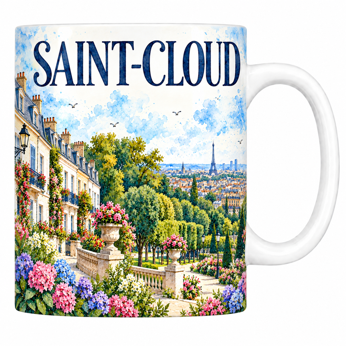 Mug céramique 330 ml Saint-Cloud : la terrasse du parc, les immeubles clairs et le panorama sur Paris en aquarelle