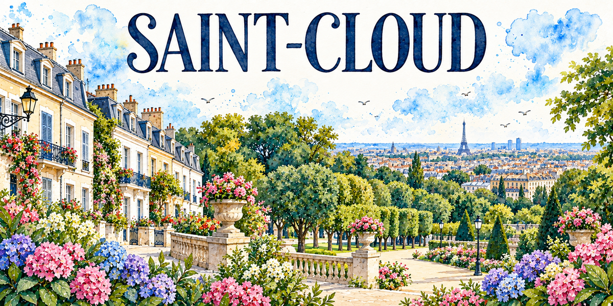 Saint-Cloud en aquarelle : une terrasse de pierre à balustrade ornée de vases fleuris au premier plan, les immeubles clairs à toits d'ardoise mansardés et balcons en fer forgé à gauche avec leur lampadaire en fonte, une allée de parc plantée d'arbres taillés et d'ifs coniques, le panorama sur Paris au fond avec la tour Eiffel et les toits de la ville, des hortensias roses et bleus et des massifs blancs au premier plan