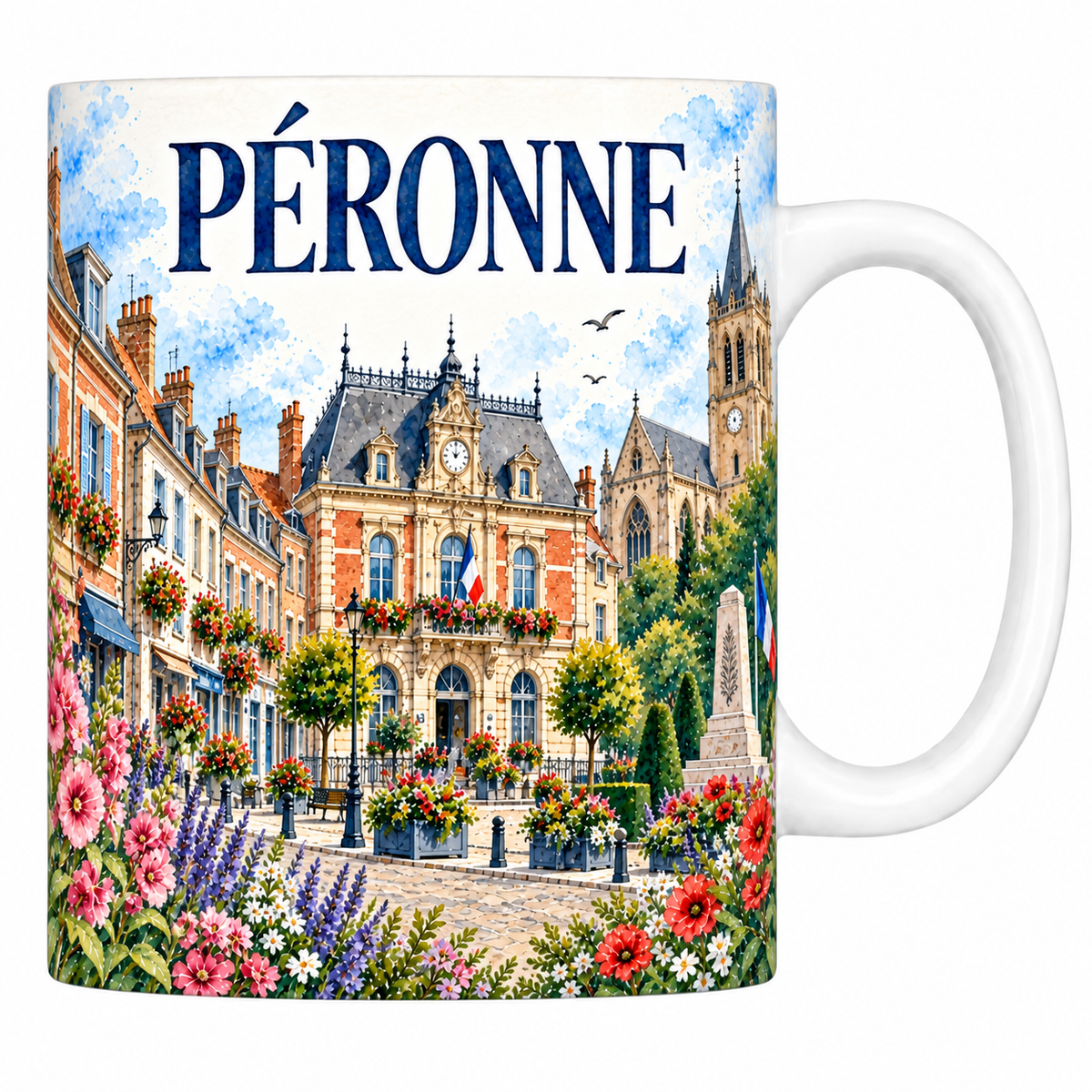 Mug céramique 330 ml Péronne : l'hôtel de ville de brique et pierre, l'église gothique et la place en aquarelle