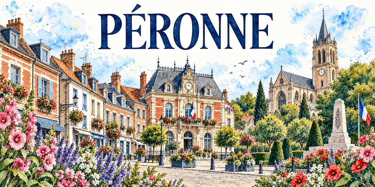 Péronne en aquarelle : l'hôtel de ville de brique rouge et pierre claire au centre, son toit d'ardoise mansardé à lucarnes, son horloge, sa crête de faîtage en fer et son drapeau tricolore, la grande église gothique de pierre blonde à droite avec son clocher-tour à flèche d'ardoise, les maisons de brique et pierre aux toits de tuiles et leur lampadaire en potence, un monument de pierre pavoisé, les arbres et ifs taillés de la place, roses trémières roses et coquelicots au premier plan
