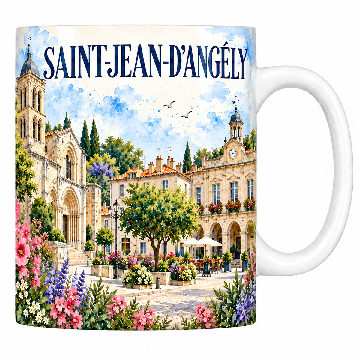 Mug céramique 330 ml Saint-Jean-d'Angély : l'église, le bâtiment à arcades et la place pavée en aquarelle