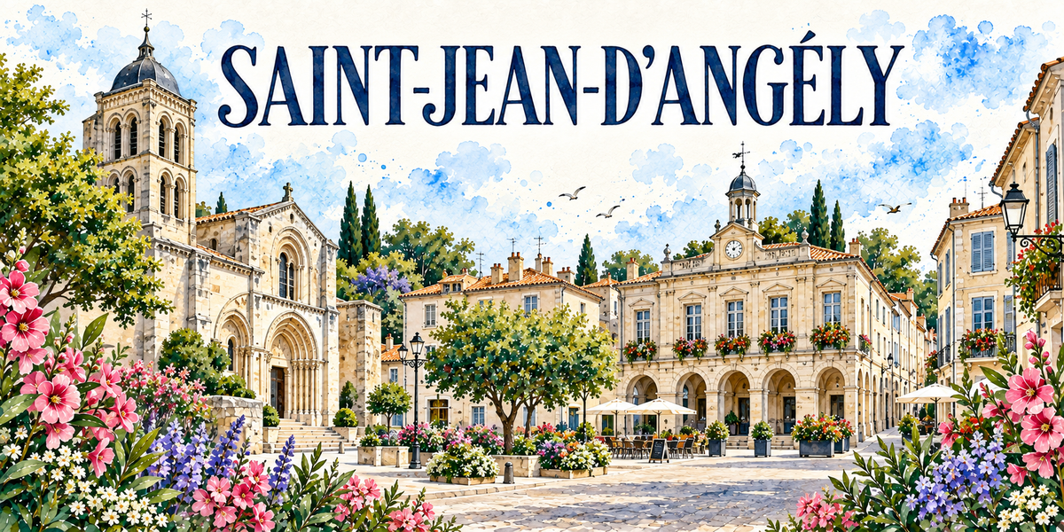 Saint-Jean-d'Angély en aquarelle : la grande église de pierre claire à gauche, son clocher-tour à étages de baies coiffé d'un dôme d'ardoise à lanternon, son portail à voussures sculptées et son escalier, un grand bâtiment classique à droite avec ses arcades, ses balcons fleuris et son campanile à horloge couronné d'un dôme, la place pavée et ses arbres taillés, les parasols d'une terrasse, les lampadaires en fonte, roses trémières roses et lavandes au premier plan