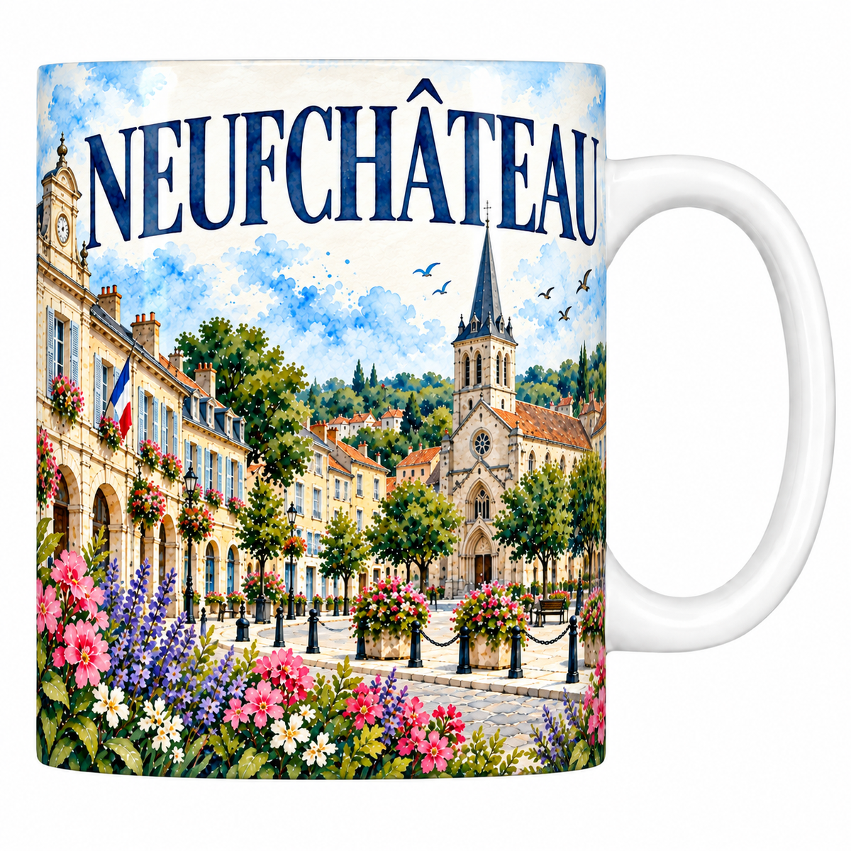 Mug céramique 330 ml Neufchâteau : la place à arcades, le campanile à horloge et l'église en aquarelle