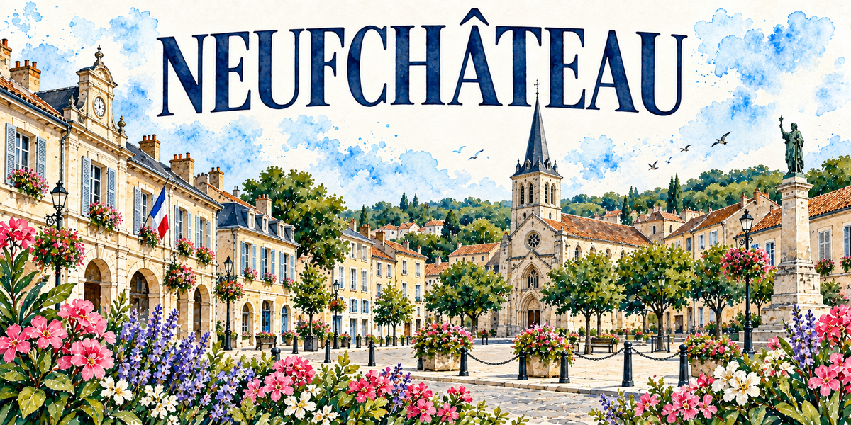 Neufchâteau en aquarelle : un grand bâtiment classique de pierre claire à gauche, ses arcades, ses volets bleus, son campanile à horloge et son drapeau tricolore, un lampadaire en potence, l'église au centre avec son clocher-tour à baies, sa rosace et sa haute flèche d'ardoise, une statue de bronze dressée sur une haute colonne de pierre à droite, les maisons aux toits de tuiles brunes, les collines boisées au fond, lauriers-roses et lavandes au premier plan