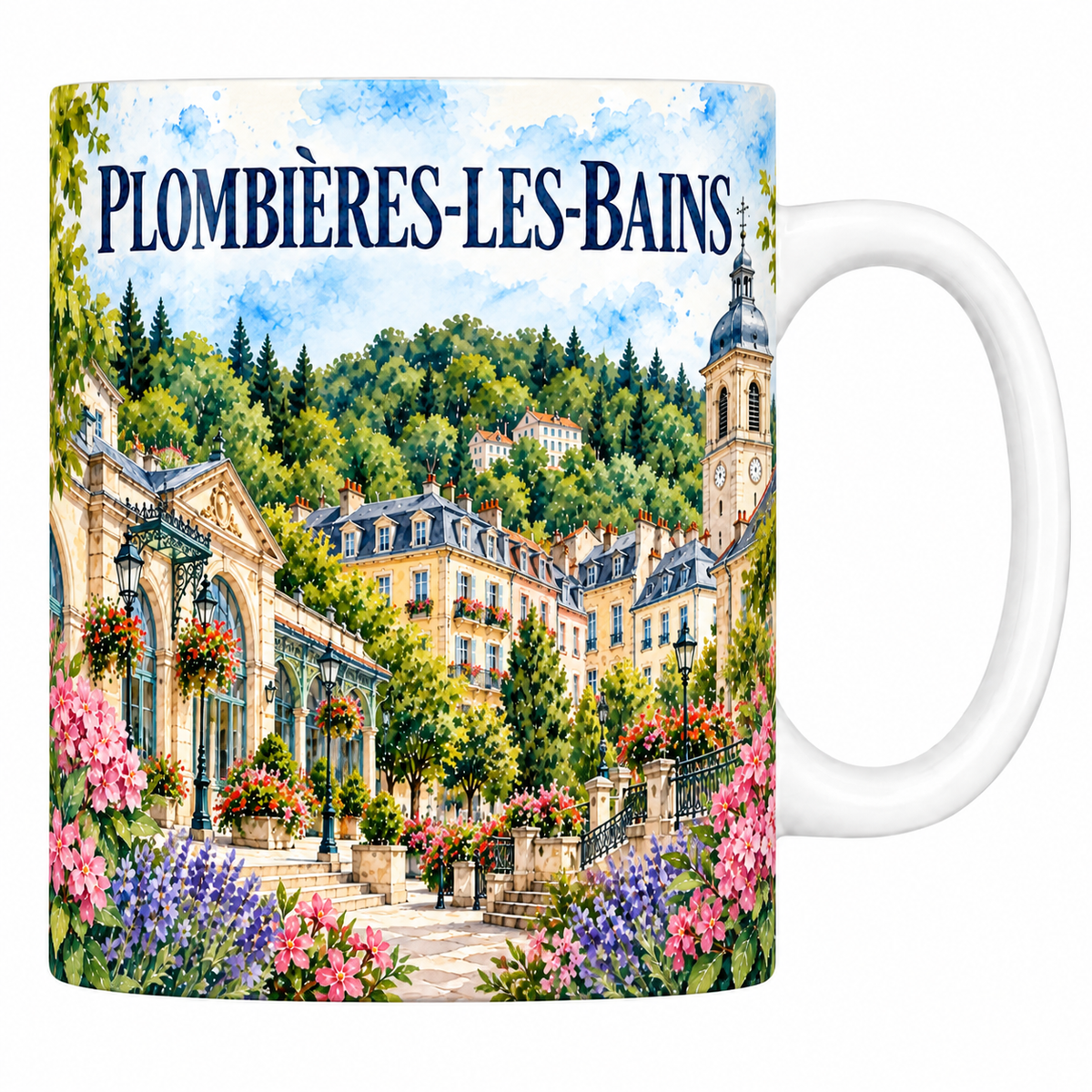 Mug céramique 330 ml Plombières-les-Bains : l'établissement thermal, les balcons fleuris et les sapins en aquarelle