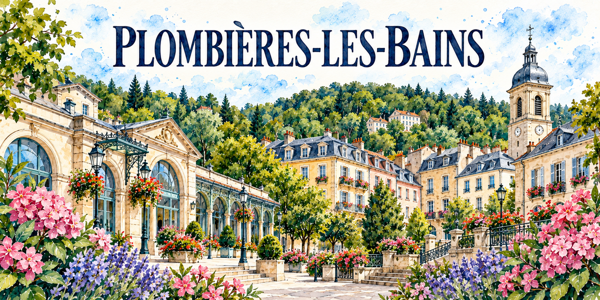 Plombières-les-Bains en aquarelle : l'établissement thermal de pierre claire à gauche avec son fronton sculpté, ses grandes verrières cintrées, sa galerie vitrée à colonnes et sa marquise de fer forgé, les immeubles de la vallée aux toits d'ardoise mansardés et balcons fleuris, un clocher-tour coiffé d'un dôme d'ardoise à lanternon portant deux cadrans d'horloge, les versants boisés de sapins et quelques villas sur la pente, les lampadaires et les bacs fleuris, lauriers-roses et lavandes au premier plan