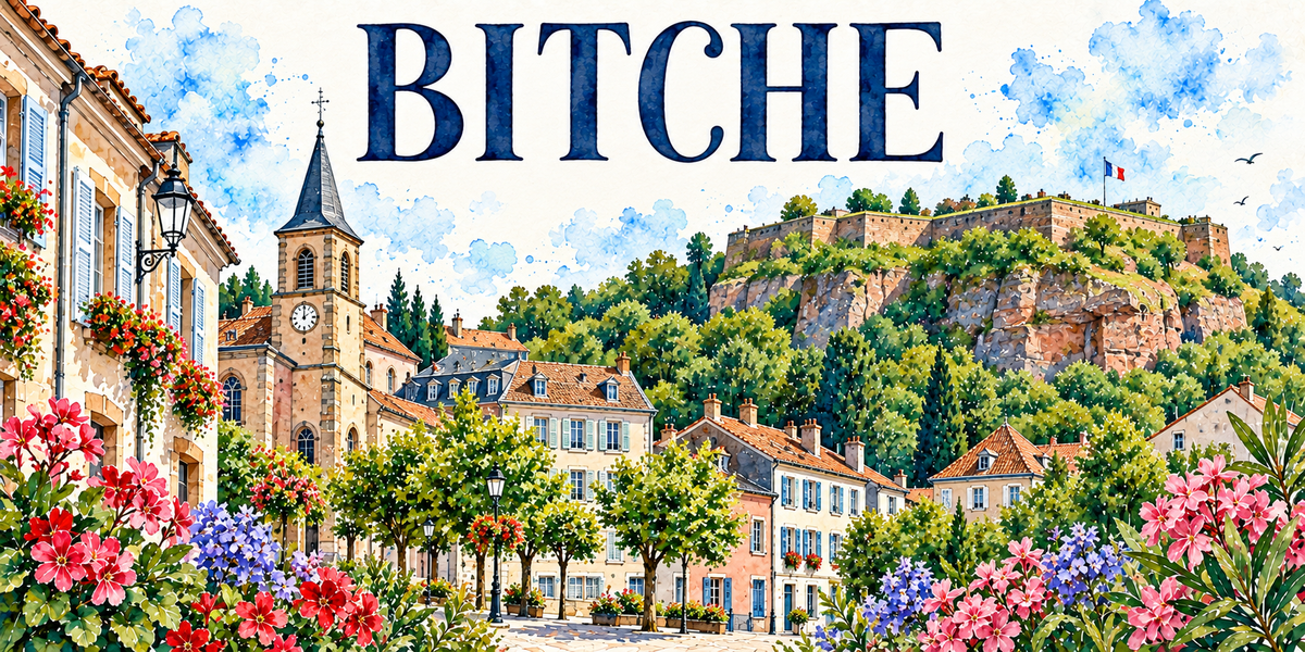 Bitche en aquarelle : la citadelle bastionnée dressée au sommet d'un rocher de grès rose boisé et surmontée du drapeau tricolore, l'église à gauche avec son clocher-tour carré à horloge coiffé d'une flèche d'ardoise, les maisons lorraines aux toits de tuiles rouges et volets bleus, la place plantée d'arbres taillés, les lampadaires en fonte et les bacs fleuris, lauriers-roses, géraniums rouges et lavandes au premier plan