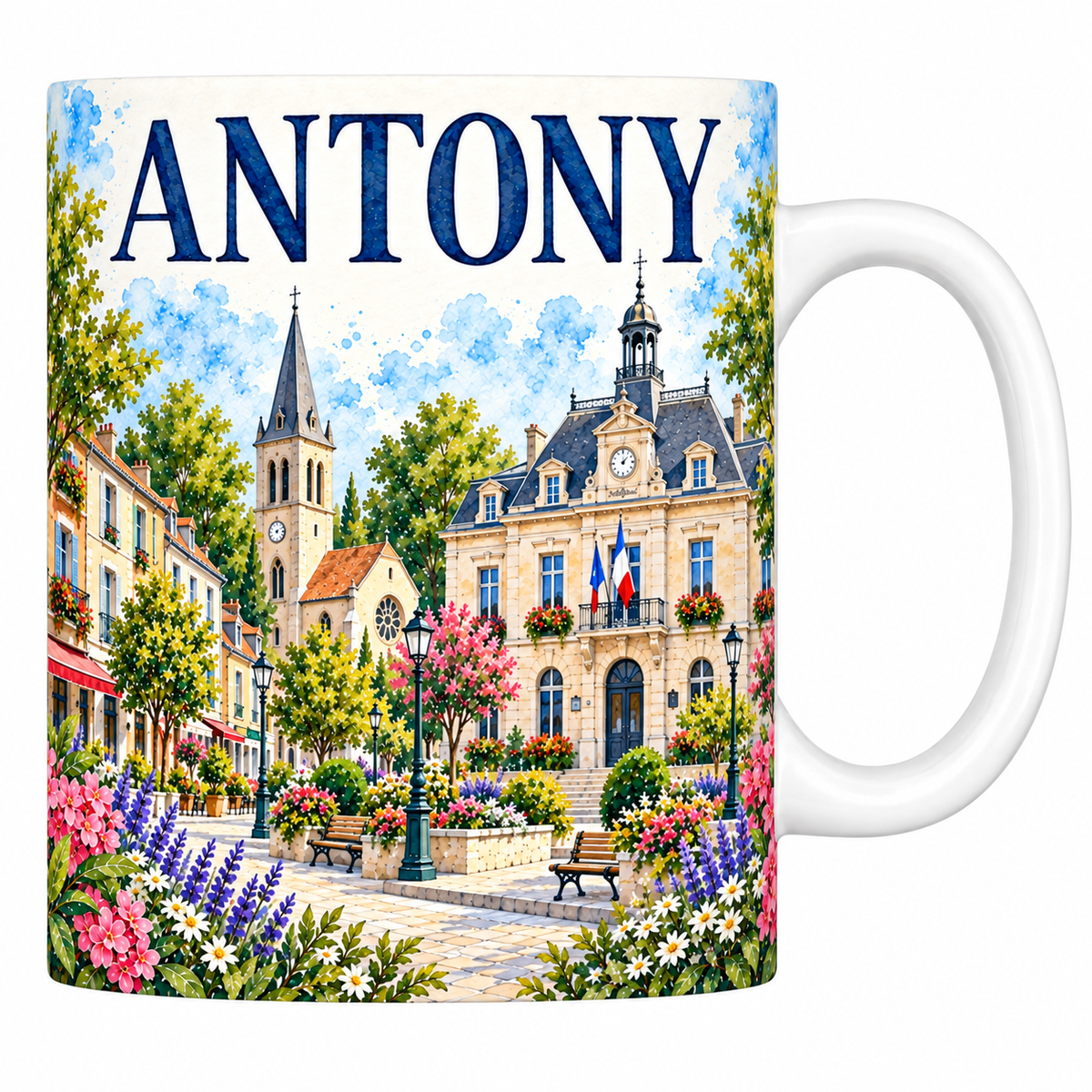 Mug céramique 330 ml Antony : l'hôtel de ville à horloge, l'église et la place plantée d'arbres en aquarelle