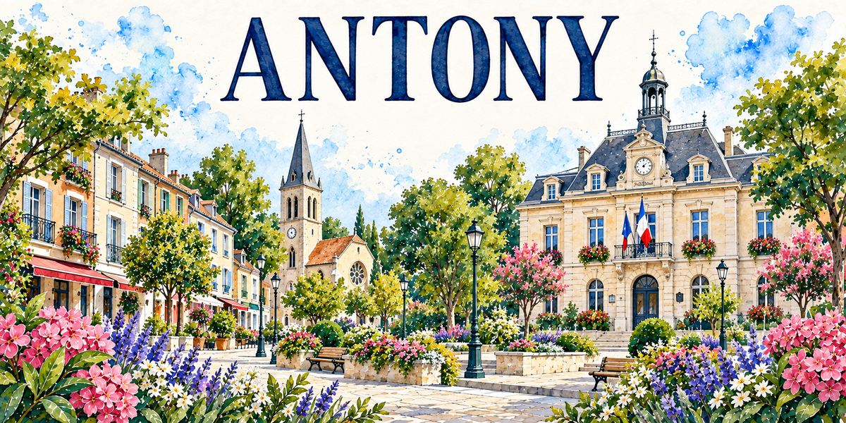 Antony en aquarelle : l'hôtel de ville classique de pierre claire à droite avec son toit d'ardoise mansardé, son horloge, son lanternon ajouré et ses drapeaux, l'église au centre avec son clocher-tour carré à flèche d'ardoise et sa nef basse à rosace, la rue commerçante à gauche aux immeubles clairs, stores rouges et balcons en fer forgé, la place pavée plantée d'arbres avec ses lampadaires, ses bancs et ses jardinières, lauriers-roses et lavandes au premier plan