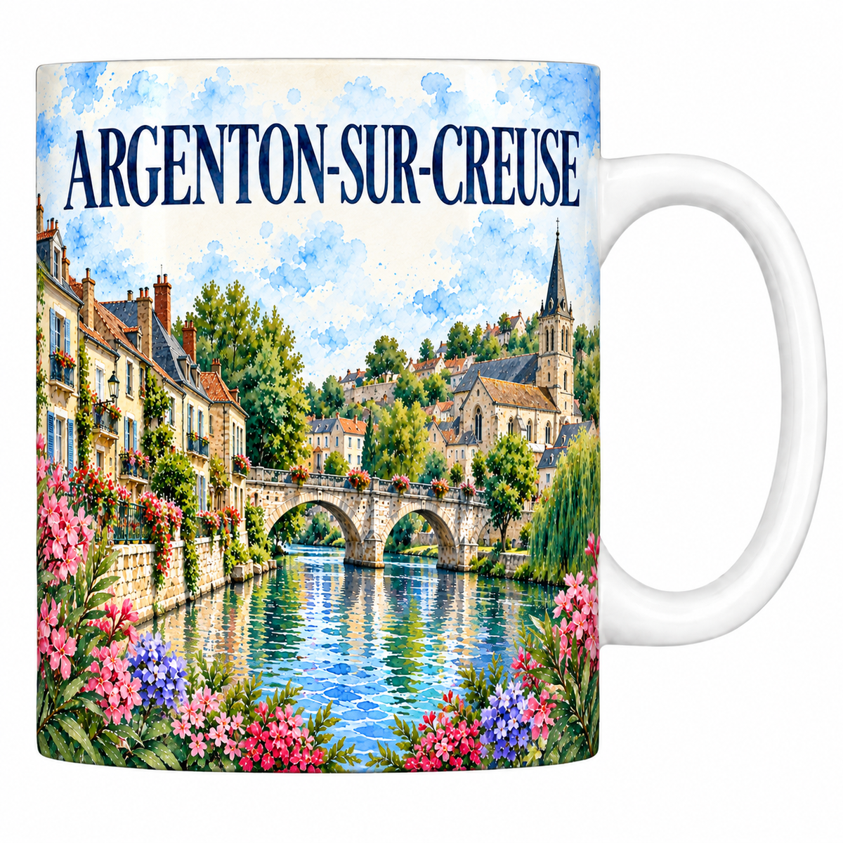 Mug céramique 330 ml Argenton-sur-Creuse : les maisons au bord de l'eau, le pont de pierre et l'église en aquarelle