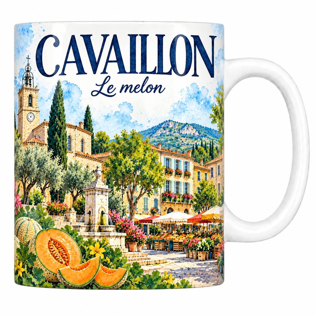 Mug céramique 330 ml Cavaillon : l'église à campanile de fer, le marché provençal et les melons en aquarelle