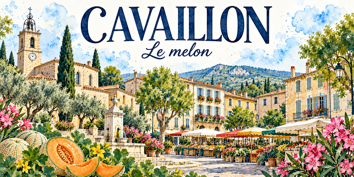Cavaillon en aquarelle, avec le sous-titre imprimé Le melon en cursive : l'église de pierre blonde à gauche, son clocher-tour carré à horloge coiffé d'un campanile de fer forgé, les cyprès et les oliviers, les maisons provençales ocre et jaune aux volets verts et bleus, toits de tuiles romanes et balcons fleuris, une fontaine de pierre au centre, les bâches et parasols colorés du marché et ses étals de fleurs, la colline du Luberon au fond, des melons entiers et tranchés au premier plan