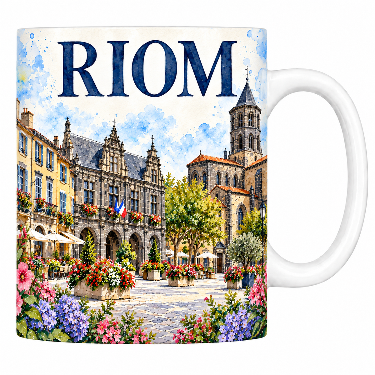 Mug céramique 330 ml Riom : l'édifice Renaissance de pierre noire, l'église romane et la place pavée en aquarelle