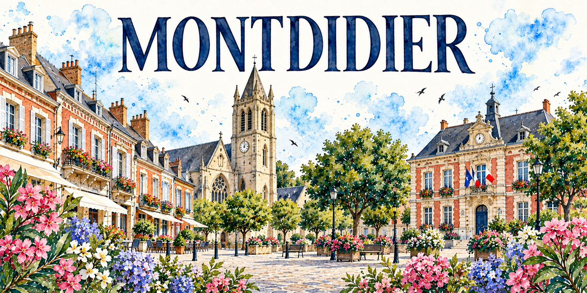 Montdidier en aquarelle : la grande église gothique de pierre claire au centre avec son haut clocher-tour à flèche de pierre, ses pinacles et son horloge, l'hôtel de ville de brique rouge et pierre à droite, son toit d'ardoise mansardé, son campanile à horloge et ses drapeaux, les maisons de brique aux balcons fleuris et stores de terrasse à gauche, la place pavée plantée d'arbres taillés avec ses bancs, ses lampadaires et ses bacs fleuris, lauriers-roses au premier plan