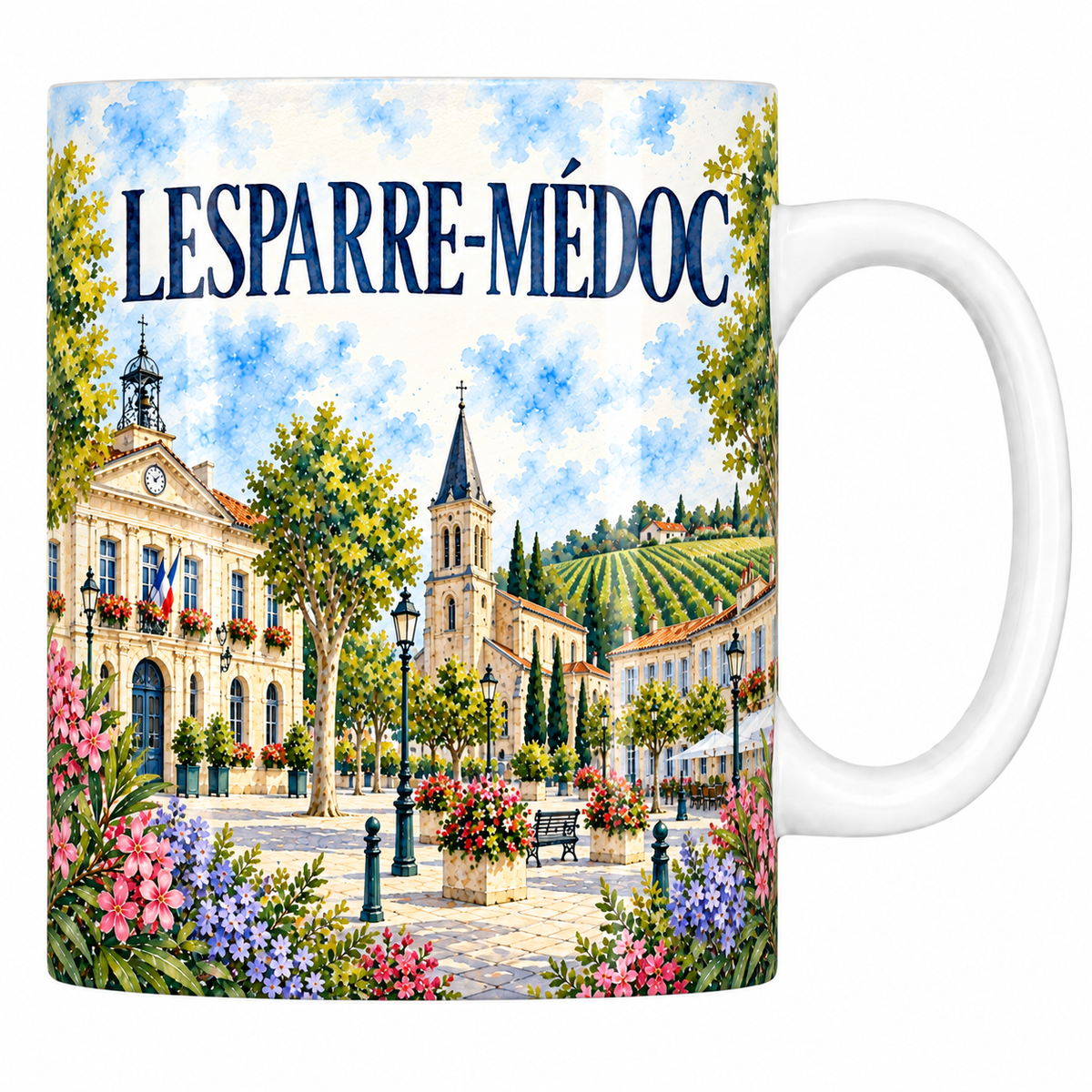 Mug céramique 330 ml Lesparre-Médoc : l'hôtel de ville, l'église et la place à platanes en aquarelle