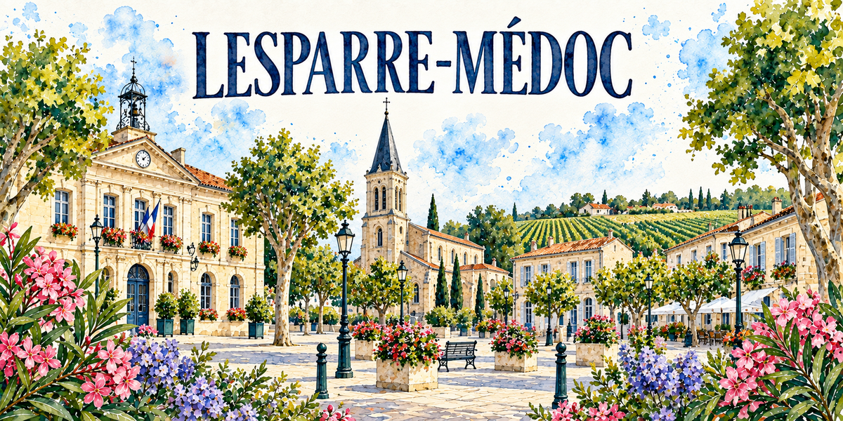 Lesparre-Médoc en aquarelle : l'hôtel de ville de pierre blonde à gauche, son toit de tuiles, son campanile de fer forgé à horloge et son drapeau tricolore, l'église de pierre claire au centre avec son clocher-tour à flèche d'ardoise, les maisons girondines aux volets bleus et leurs terrasses sous parasols à droite, la place pavée plantée de platanes avec ses lampadaires en fonte et ses bacs fleuris, le vignoble en coteaux au fond, lauriers-roses et agapanthes bleues au premier plan