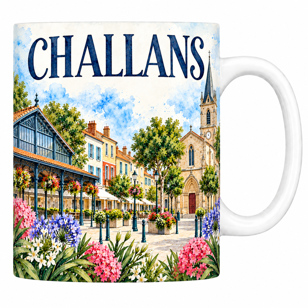 Mug céramique 330 ml Challans : la halle de fer et de verre, l'église et la place pavée en aquarelle