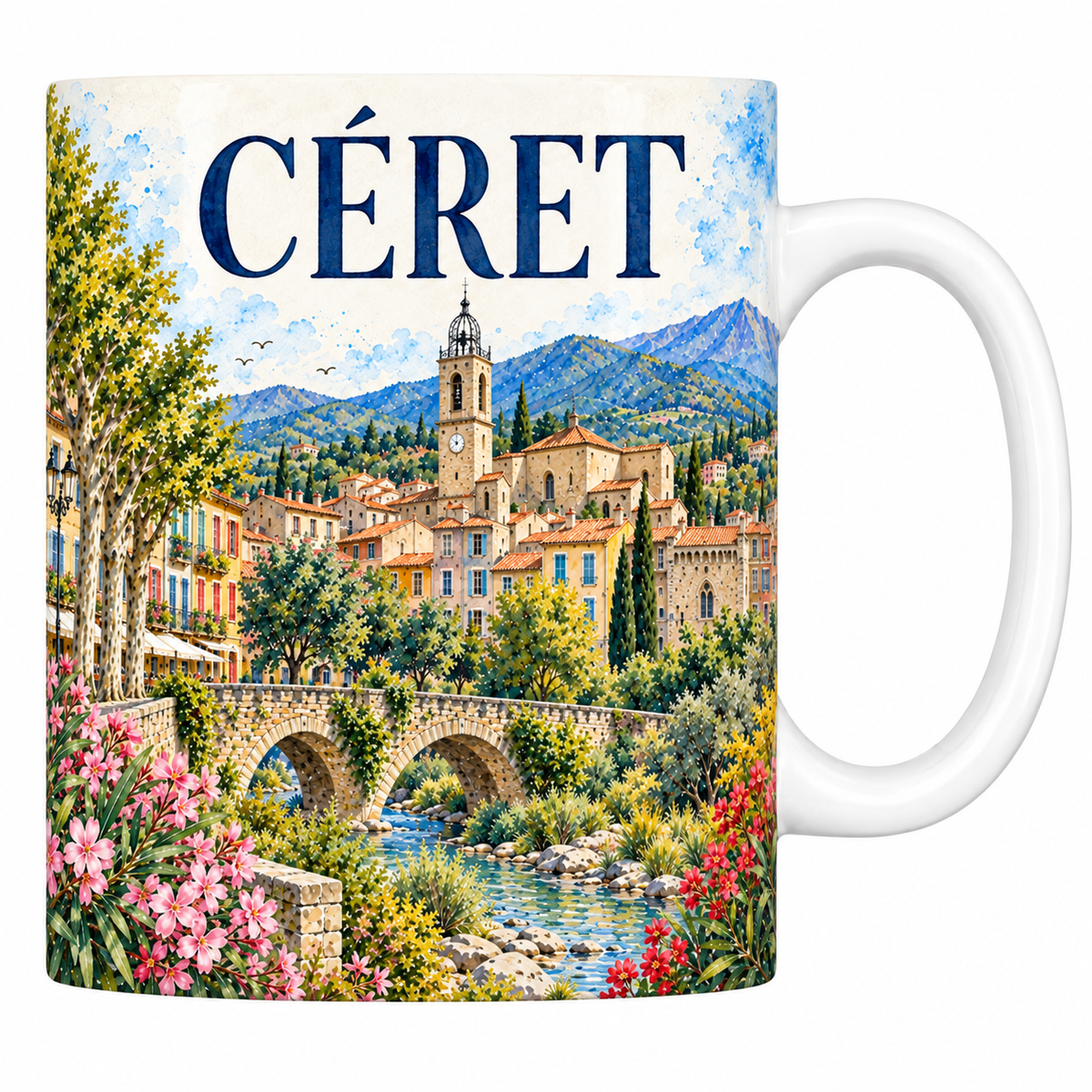Mug céramique 330 ml Céret : le village catalan, le clocher à campanile de fer et le pont de pierre en aquarelle