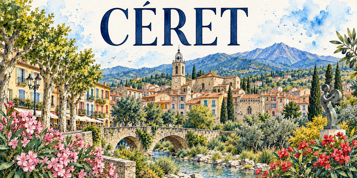 Céret en aquarelle : le village catalan étagé aux toits de tuiles romanes et façades ocre et jaune, son clocher-tour de pierre à horloge coiffé d'un campanile de fer forgé, un pont de pierre à deux arches franchissant le lit caillouteux du Tech, les platanes et les terrasses sous stores à gauche, une sculpture de pierre représentant une figure tenant un tambourin, dressée sur un socle à droite, les cyprès et les oliviers, les montagnes au fond, lauriers-roses au premier plan