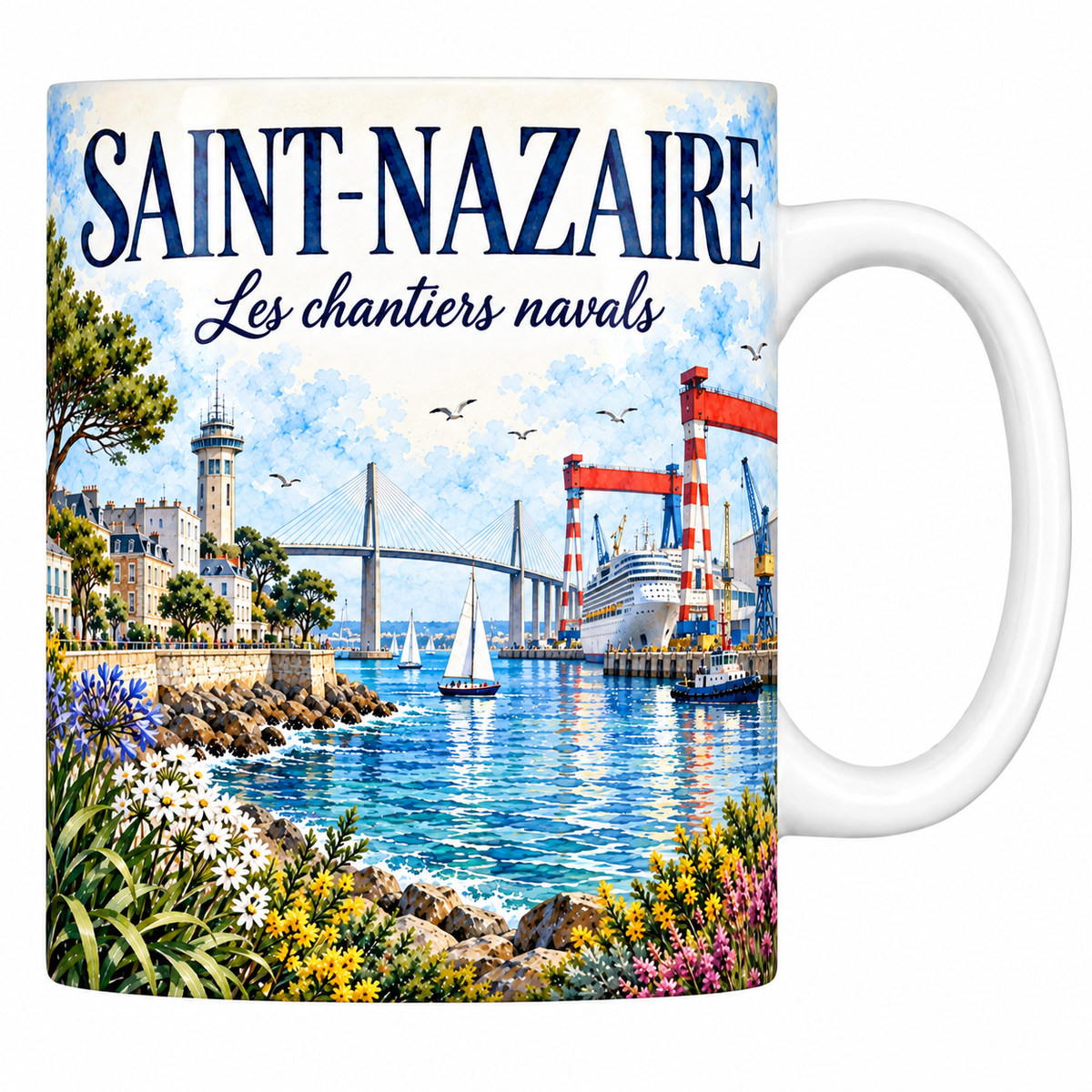 Mug céramique 330 ml Saint-Nazaire : les chantiers navals, le portique rouge et le pont à haubans en aquarelle