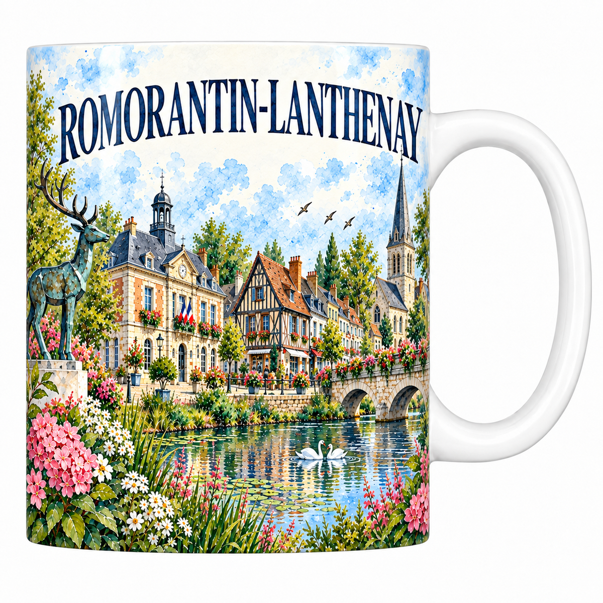 Mug céramique 330 ml Romorantin-Lanthenay : le cerf de bronze, l'hôtel de ville et le pont sur la Sauldre en aquarelle