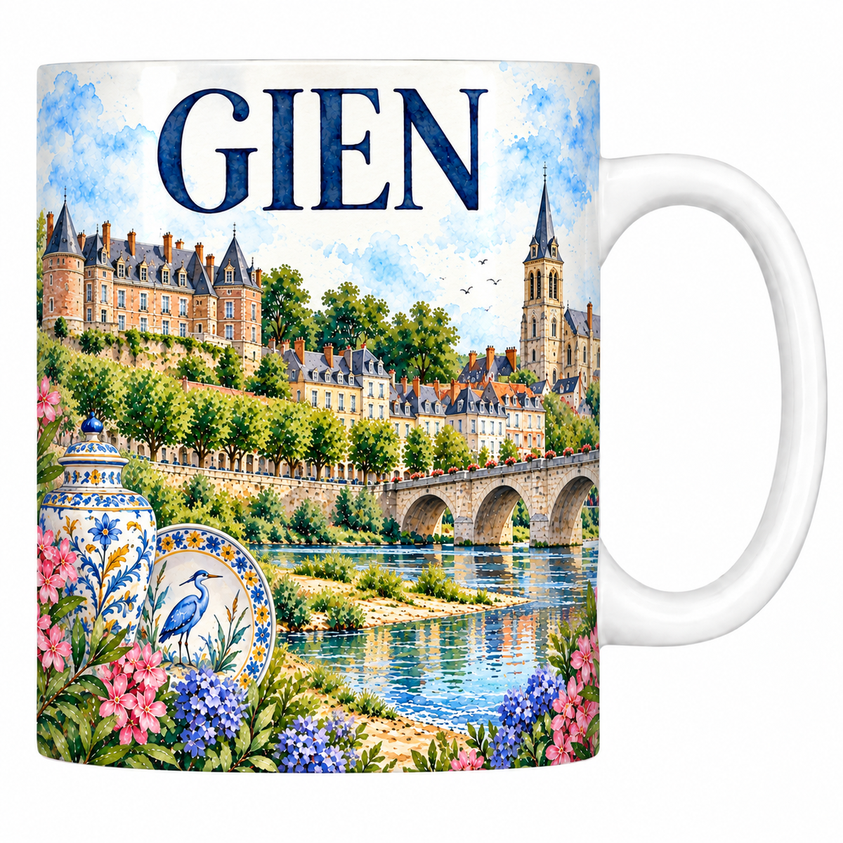 Mug céramique 330 ml Gien : le château de brique rose, le pont sur la Loire et la faïence en aquarelle