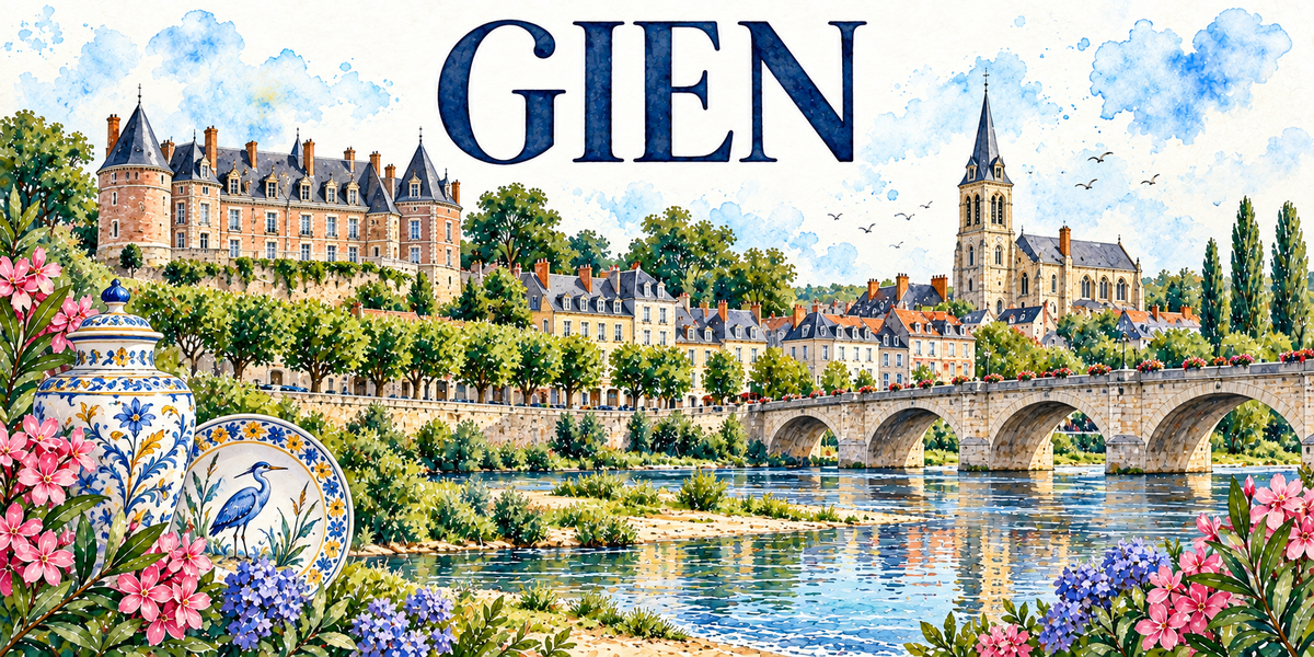 Gien en aquarelle : le château de brique rose et pierre claire dressé sur sa terrasse à gauche avec ses tours et ses toits d'ardoise, l'église de pierre blonde à droite avec son haut clocher-tour à flèche d'ardoise, le long pont de pierre à nombreuses arches franchissant la Loire, les maisons claires et les arbres taillés du quai, les bancs de sable du fleuve, une potiche couverte et une assiette de faïence à décor bleu et jaune au premier plan, lauriers-roses et hortensias