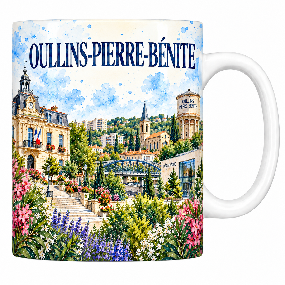 Mug céramique 330 ml Oullins-Pierre-Bénite : la mairie à horloge, le pont de fer et les coteaux en aquarelle