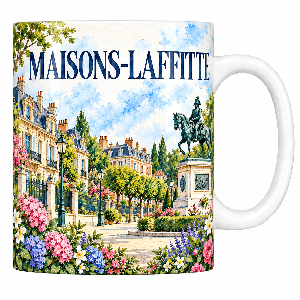Mug céramique 330 ml Maisons-Laffitte : les demeures claires, l'allée d'arbres et la statue équestre en aquarelle