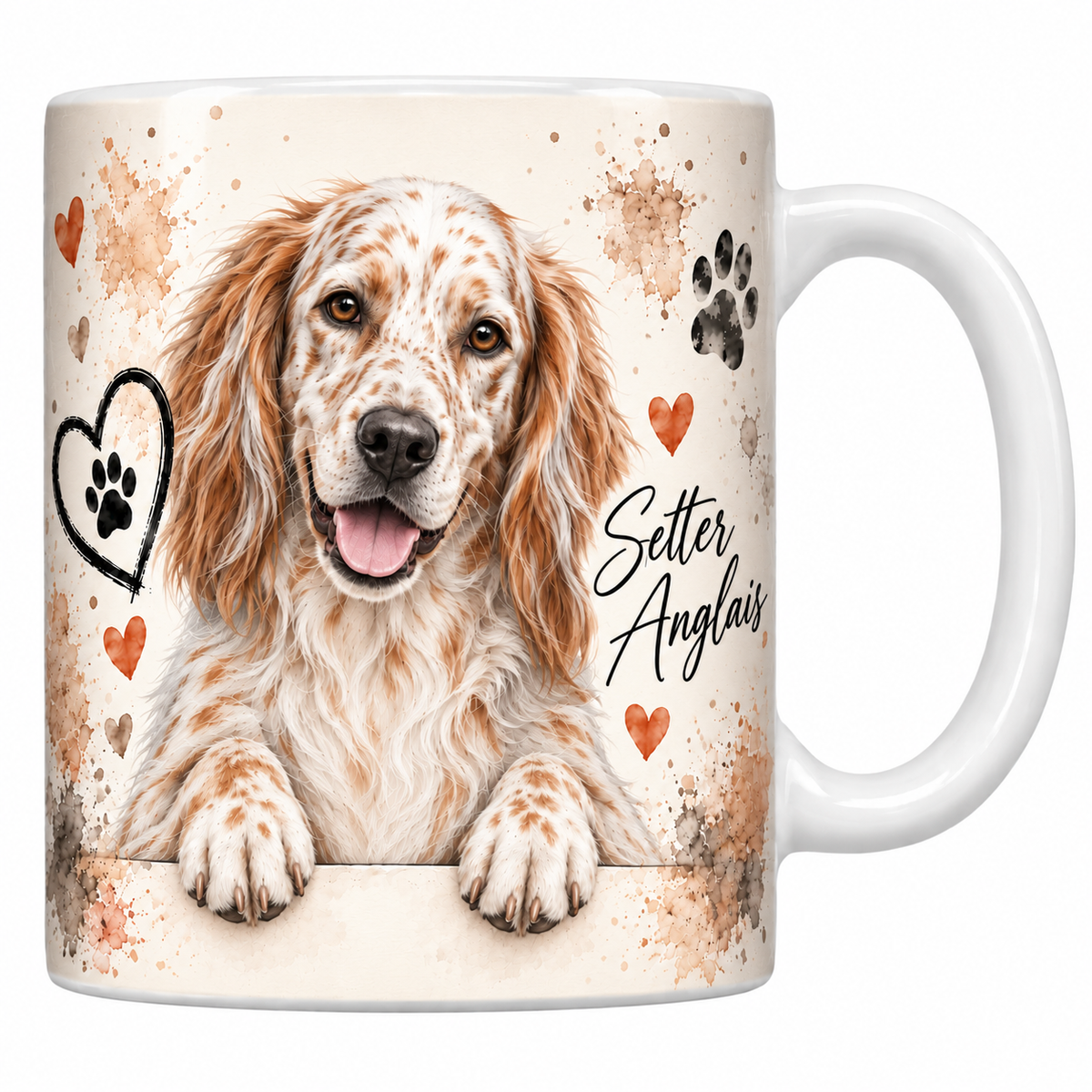 Mug blanc Setter anglais aquarelle : chien blanc truité de roux aux longues oreilles frangées accoudé à une bordure, empreintes de pattes et cœur au trait